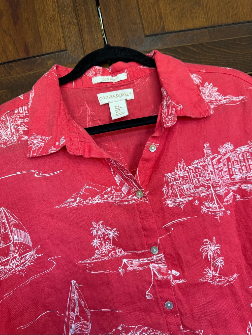 Cynthia Rowley 100% Linen Coastal Scenic Sailboat Nautical Button Down Shirt M